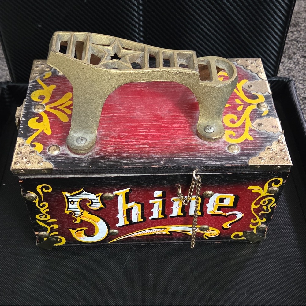 Vintage Wood and Metal Shoe Shine Box "5 Cent Shine" Circus Carnival Theme